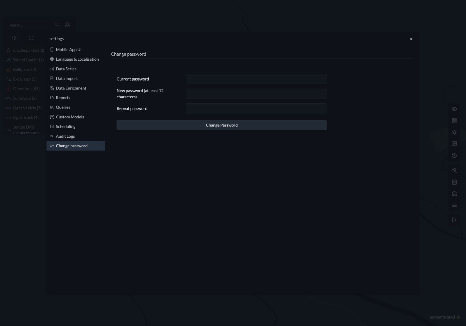 Settings with Change password selected and empty current, new and repeat password fields