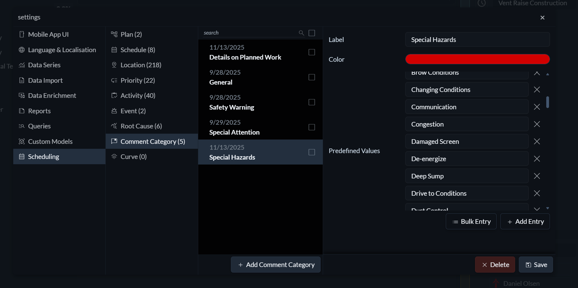 Comment Category Settings