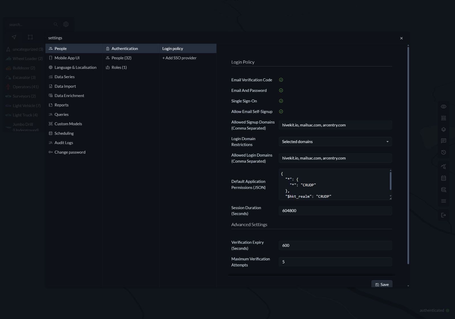 Authentication settings showing login methods, signup and login domains, default permissions, session duration and verification limits