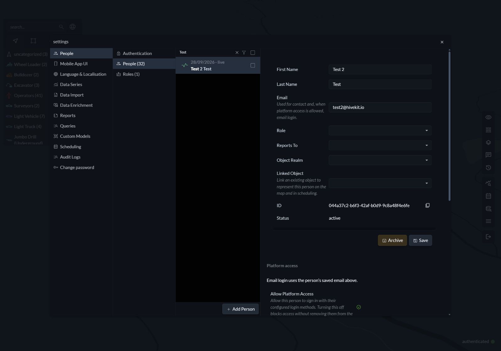 People settings with a test person's name, shared email, role, reporting relationship and linked object fields