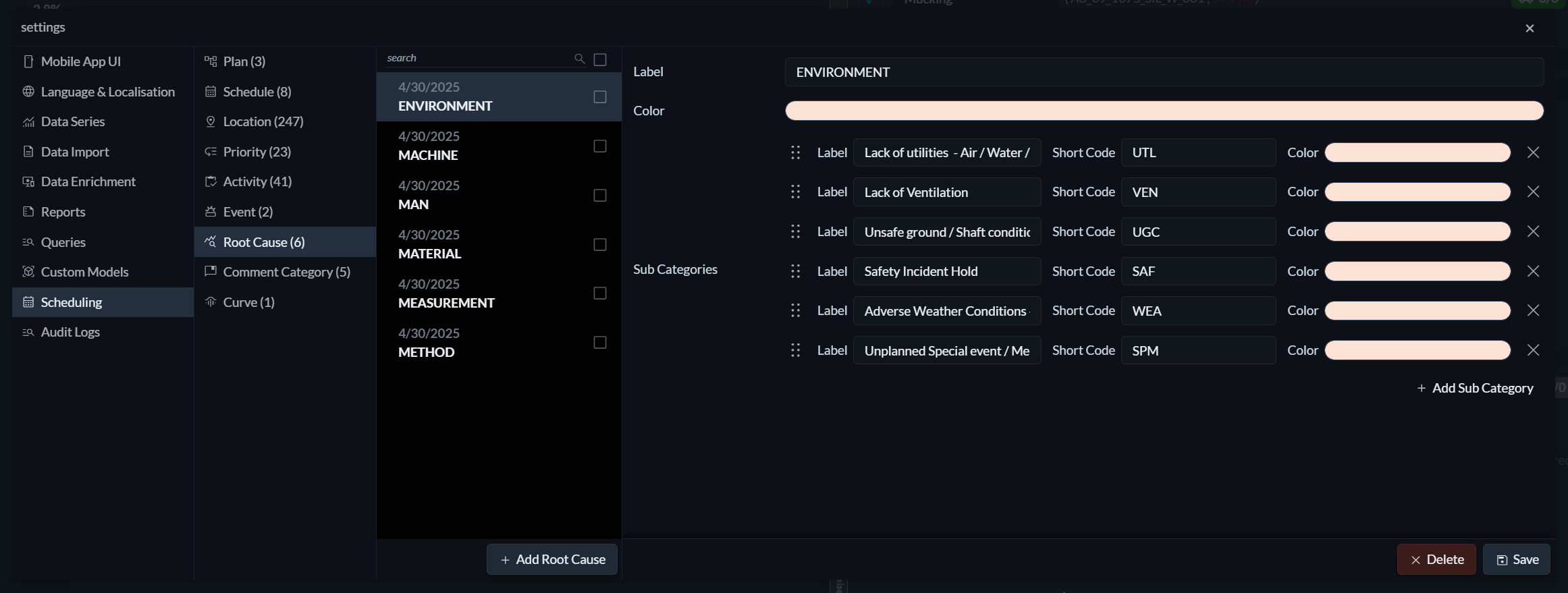 Root Cause Settings