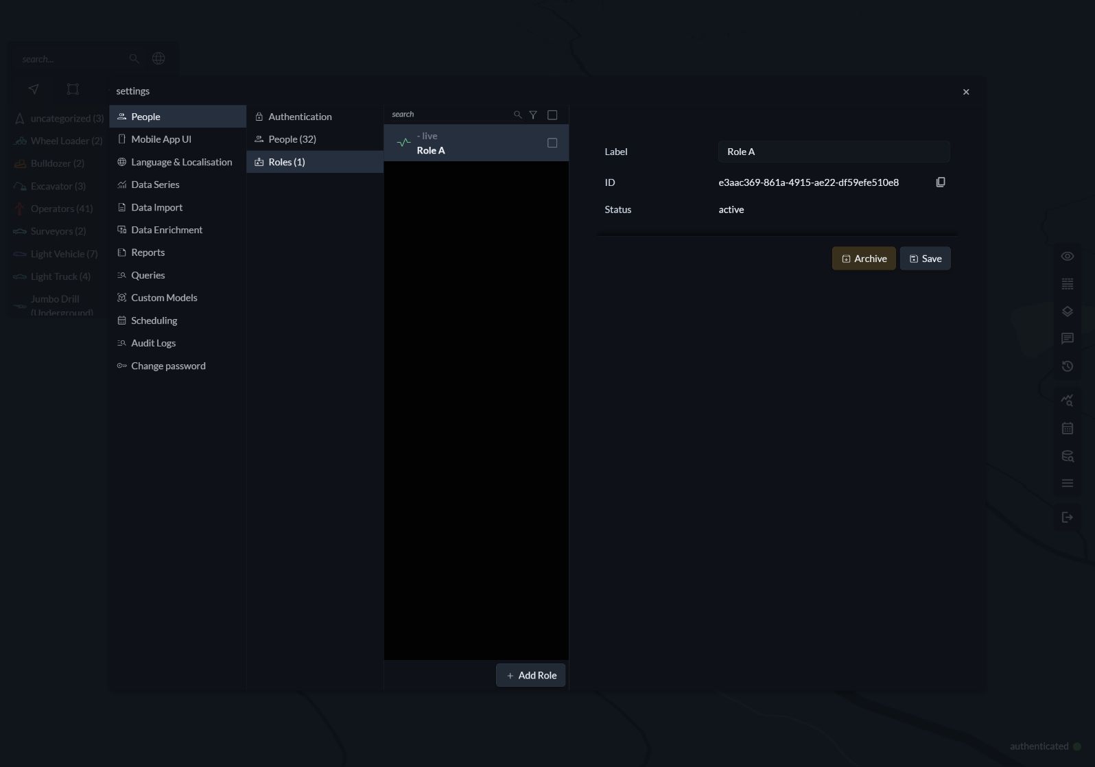 Roles settings with a test role's label, ID, status, Archive and Save controls