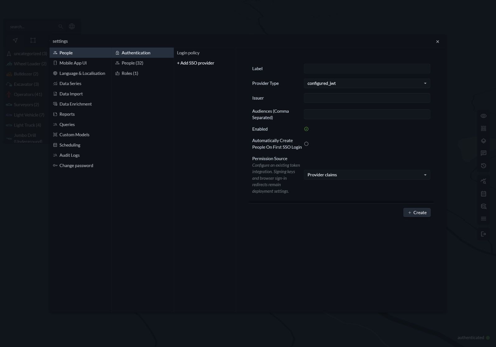 New SSO provider editor with provider type, issuer, audiences, enablement, automatic provisioning and permission source fields