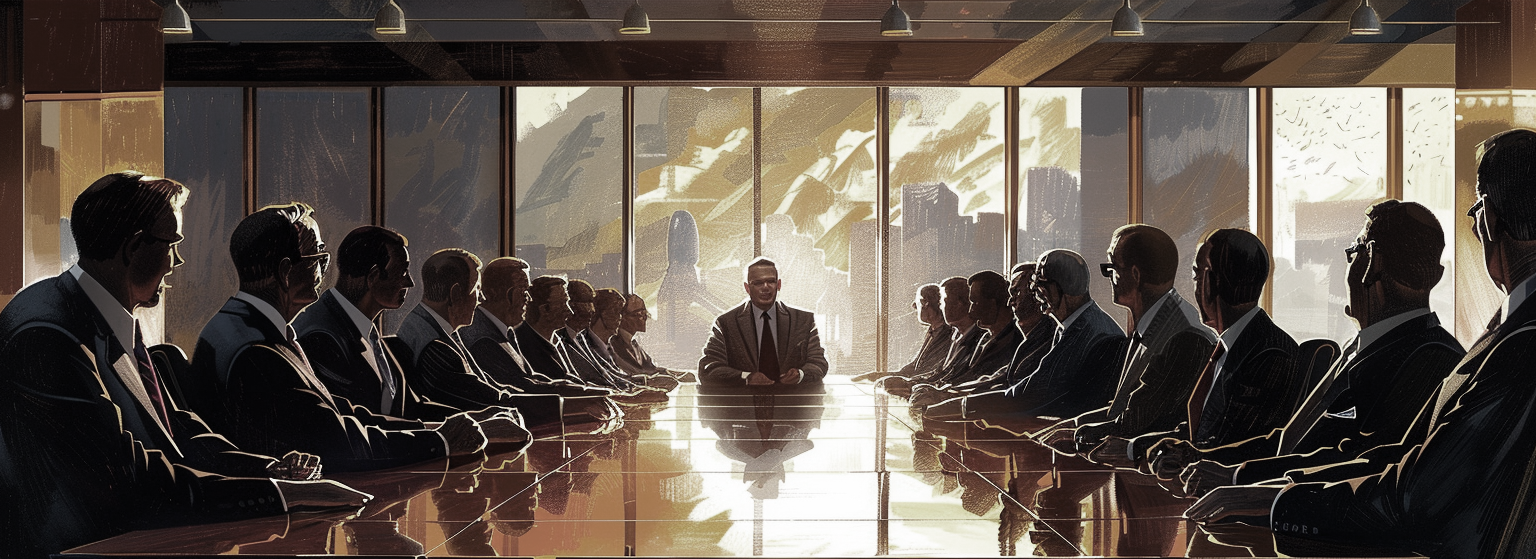 a boardroom with employees looking at the boss