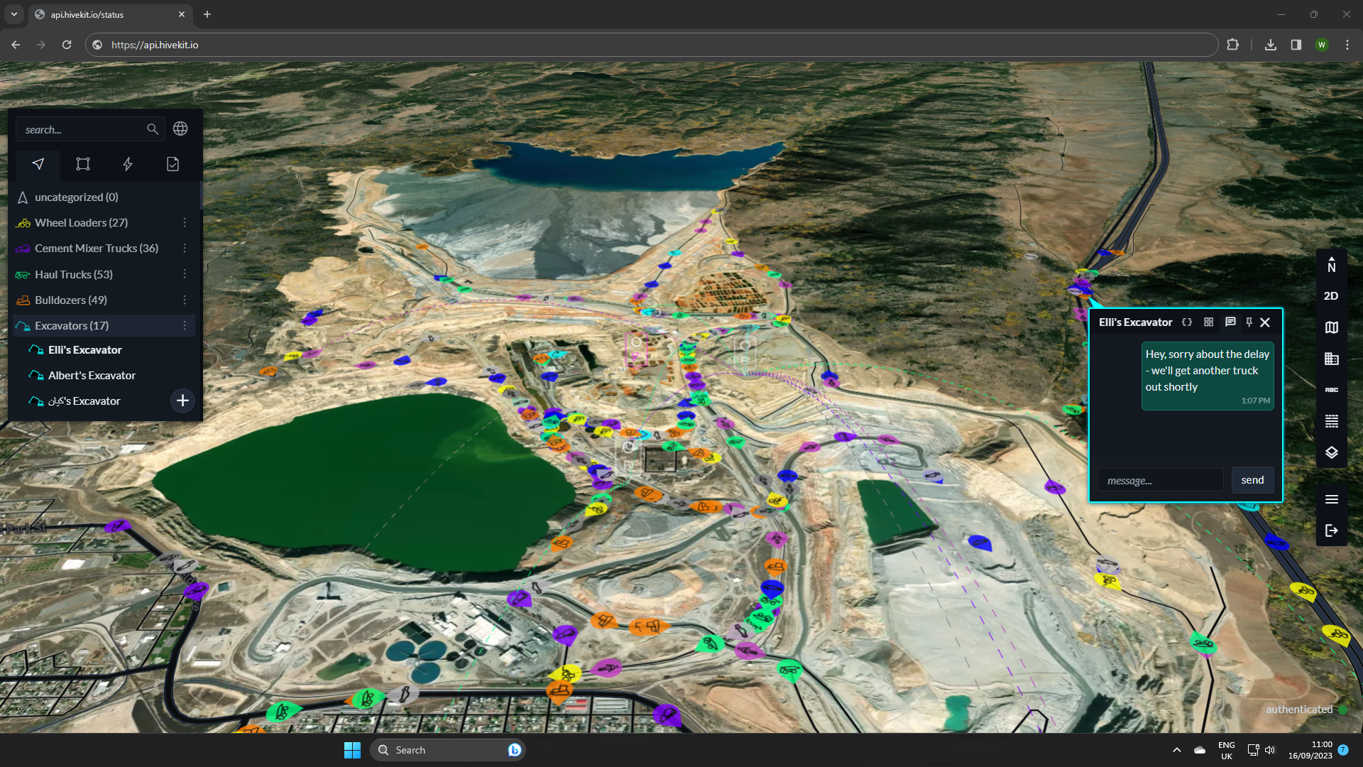Realtime 3D digital twin of an open pit mine with haul trucks, loaders, dozers and excavators tracked live in Hivekit