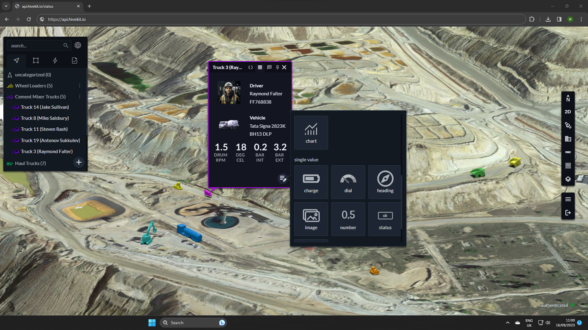 Dispatch card assigning a driver and vehicle to a task on an open pit site in Hivekit