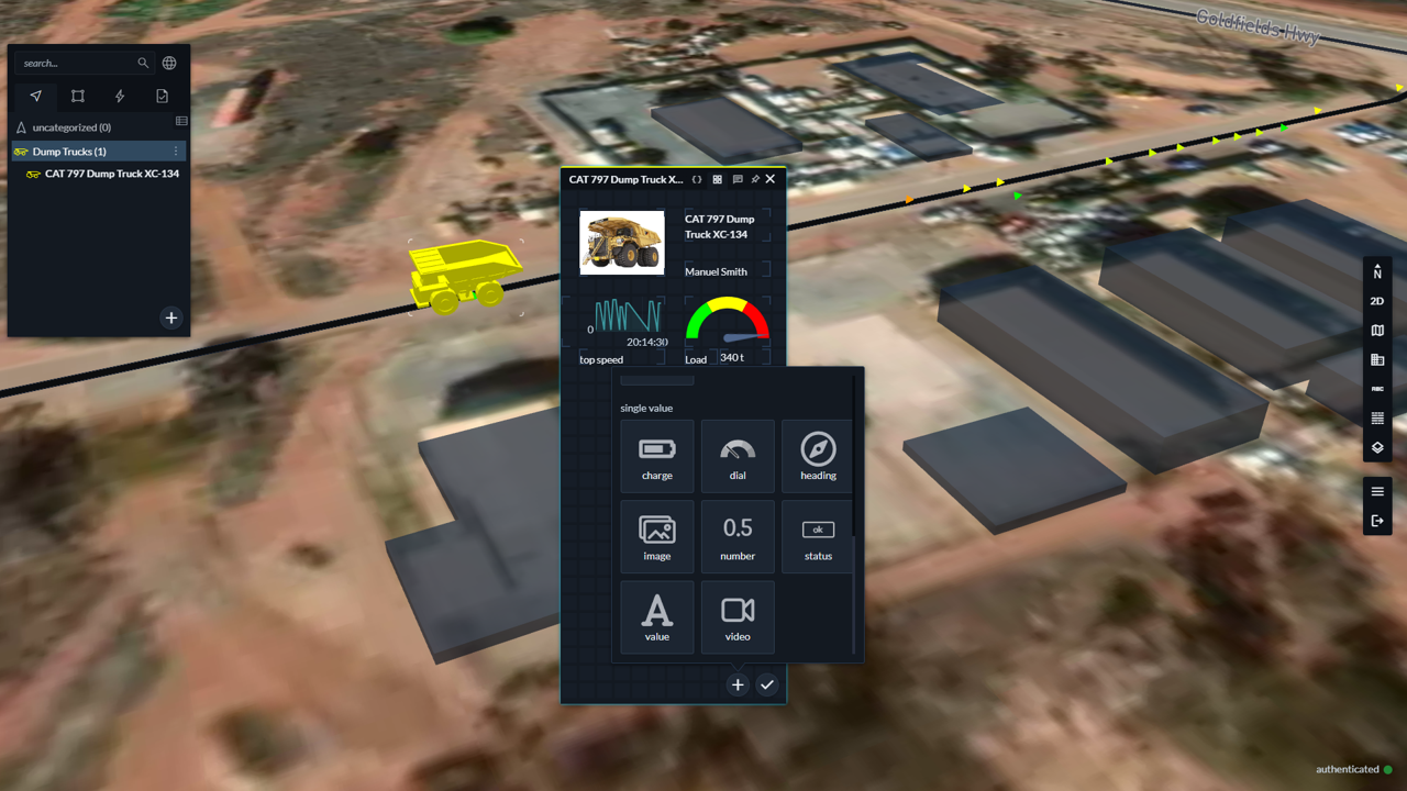 Live dashboard widgets showing speed and load for a CAT haul truck in Hivekit